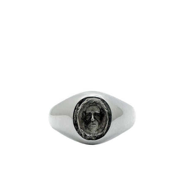 mens silver signet ring with face engraved 